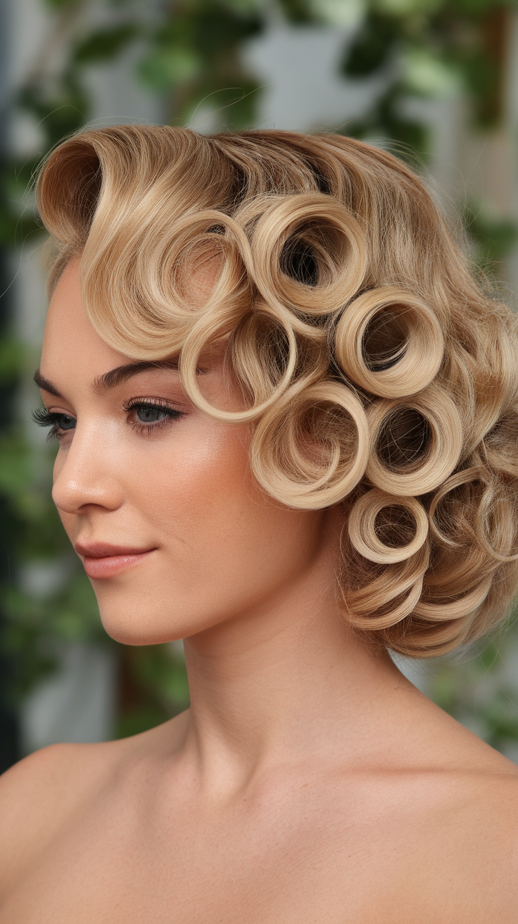 A woman with blonde curly hair styled in elegant vintage curls.