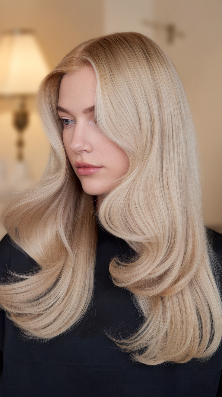 A woman with long, smooth blonde hair styled in soft waves, showcasing an elegant and timeless look.