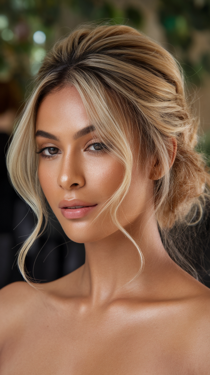 A woman with an old money blonde hairstyle, showcasing soft waves and natural highlights, looking elegant.