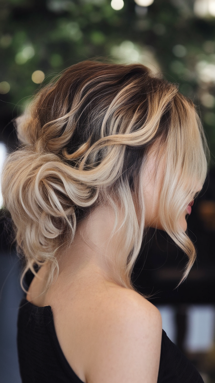 A stylish hairstyle featuring blonde waves with dark roots, showcasing a blend of elegance and modernity.