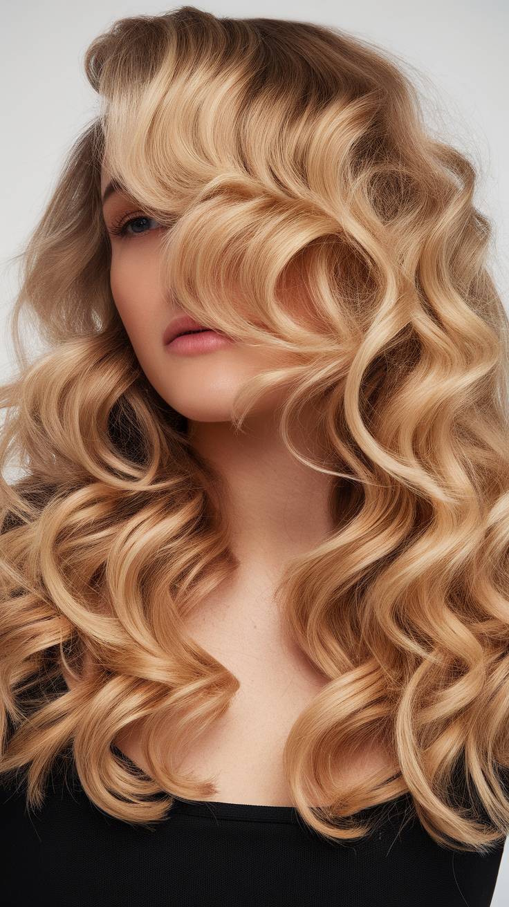 A woman showcasing a blonde hairstyle with natural curls, emphasizing elegance and style.