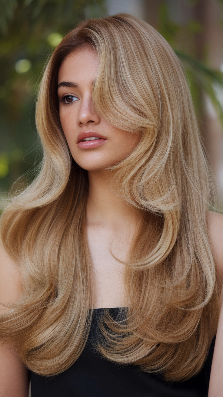 A woman with long, wavy blonde hair styled elegantly.