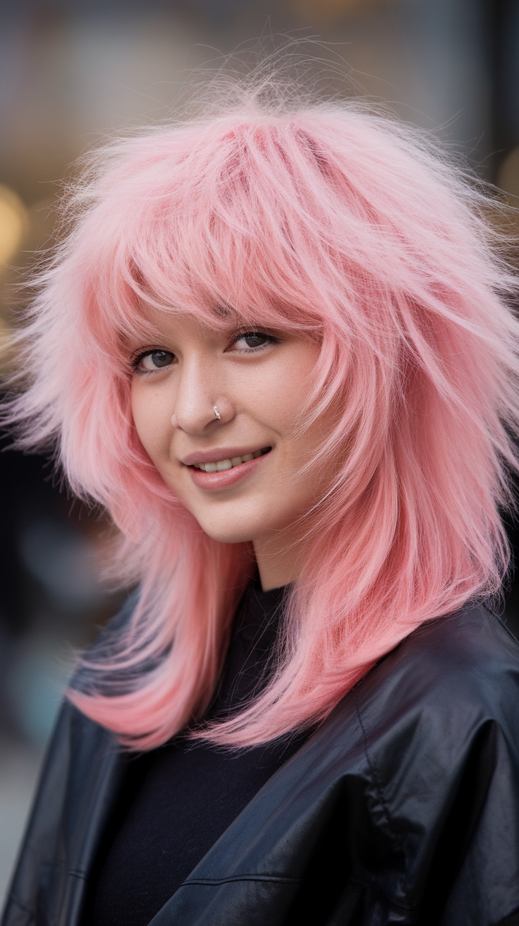 A person with a pink fluffy wolf cut hairstyle, smiling at the camera.