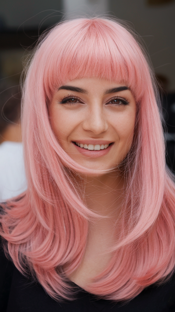 Woman with a pink wolf cut wig, smiling.