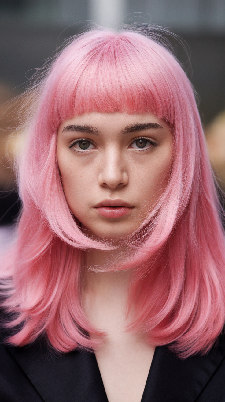 A young woman with a pink wolf cut and bangs, showcasing a trendy hairstyle.