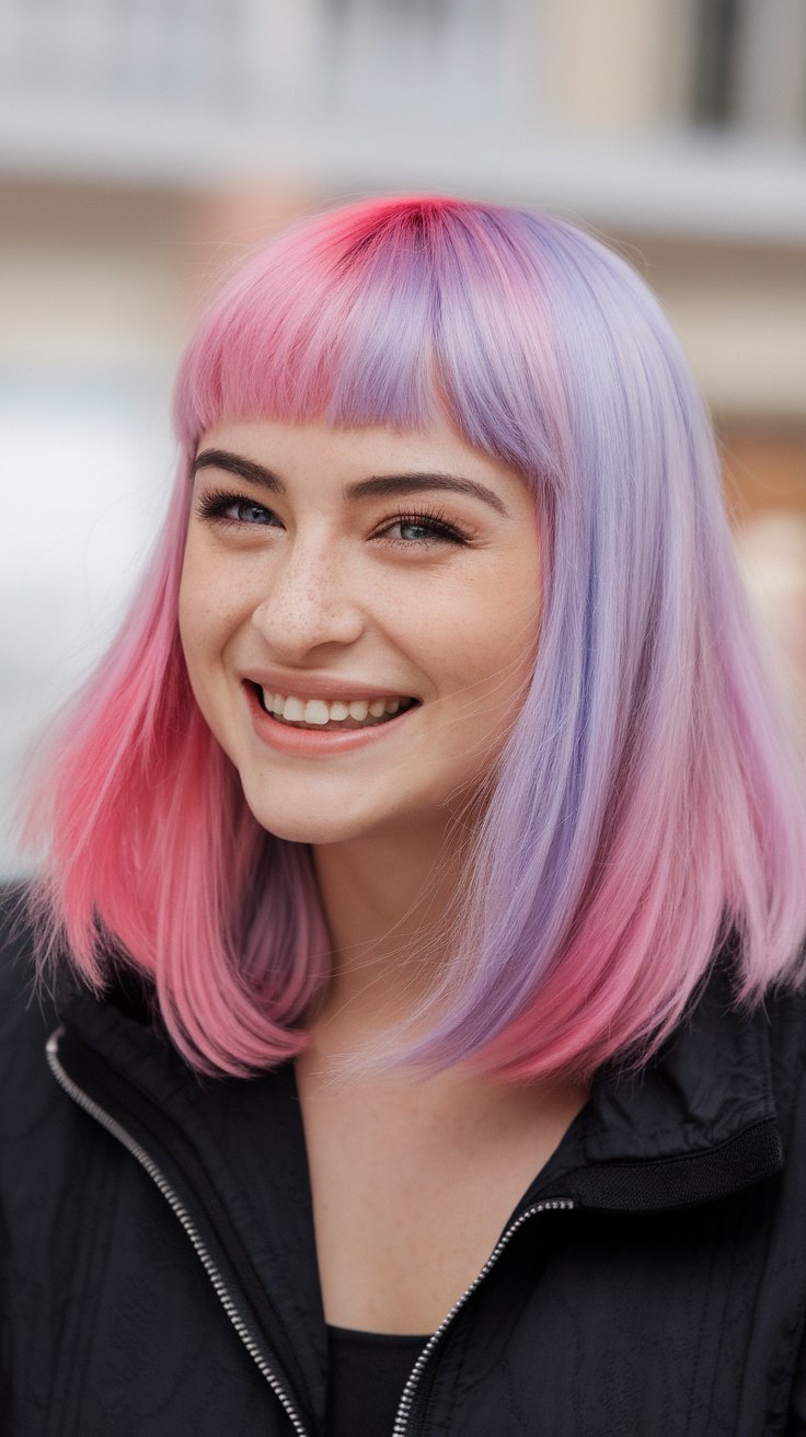 A woman with a purple and pink wolf cut hairstyle, smiling outdoors.