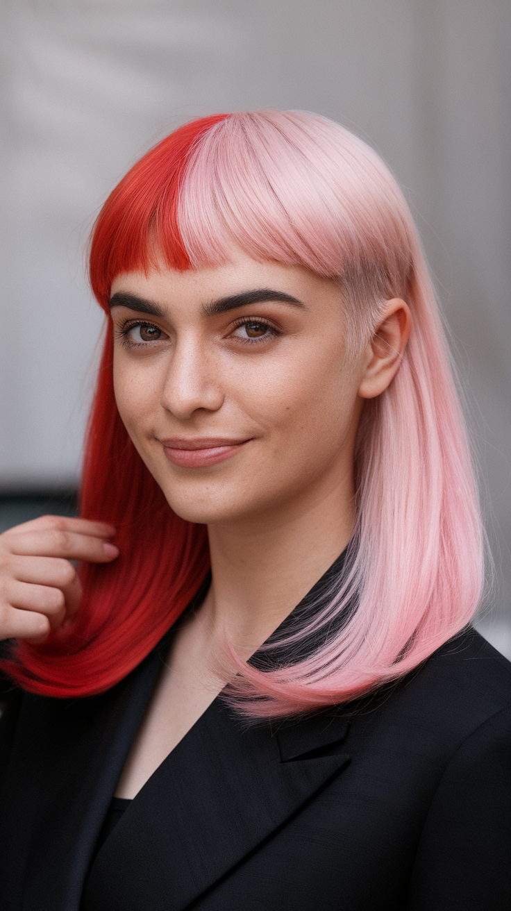 A woman with a red and pink wolf cut hairstyle, wearing a black outfit.