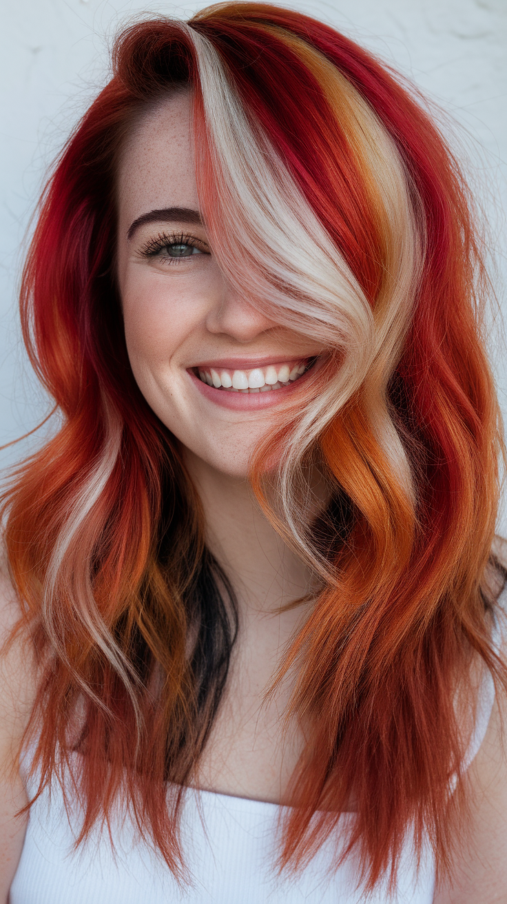 A woman with vibrant red calico hair, featuring shades of red, orange, and blonde, smiling at the camera.