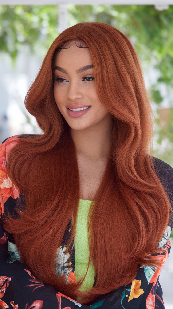 A woman with long, wavy red hair, wearing a floral kimono and a bright top, smiling outdoors.