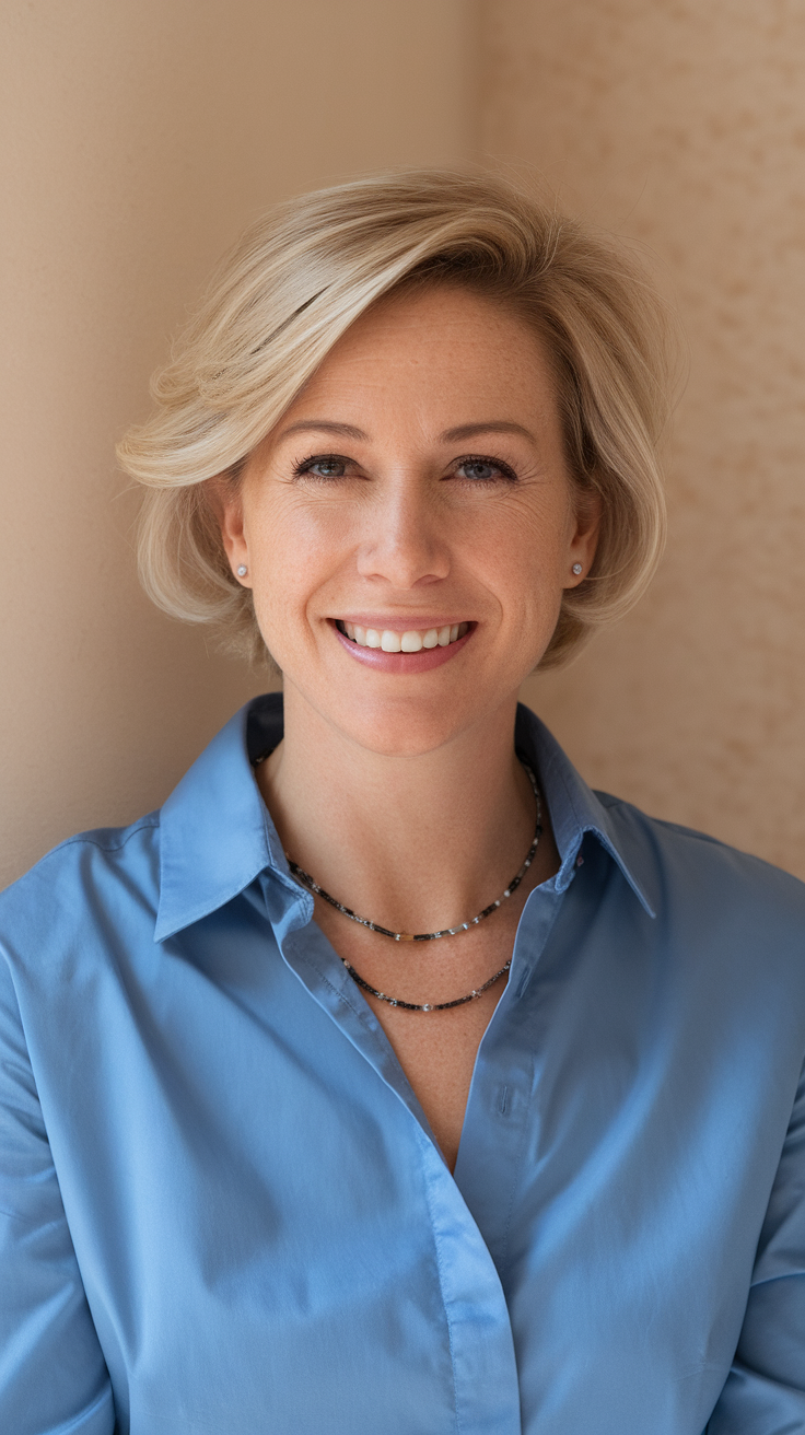 A woman with shaggy short blonde hair, showcasing a textured and stylish hairstyle.