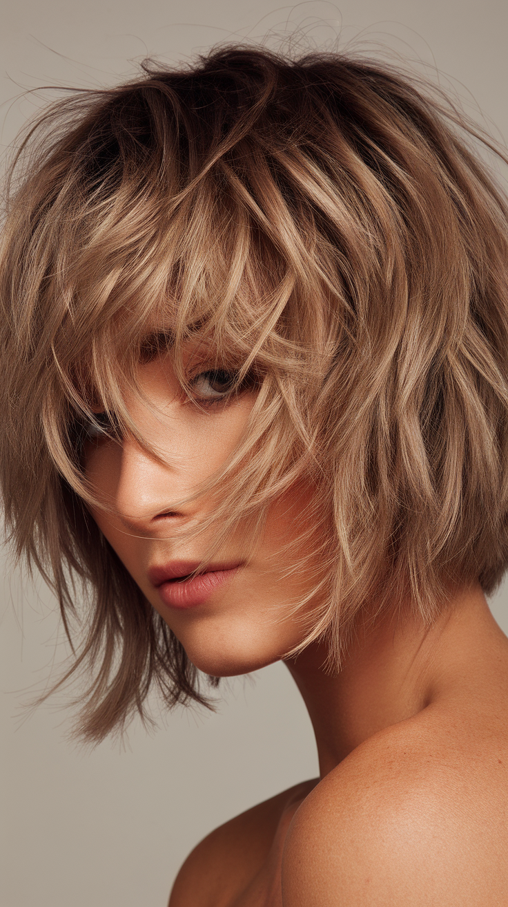 A woman with a shaggy short bob haircut, showcasing textured layers and a stylish look.