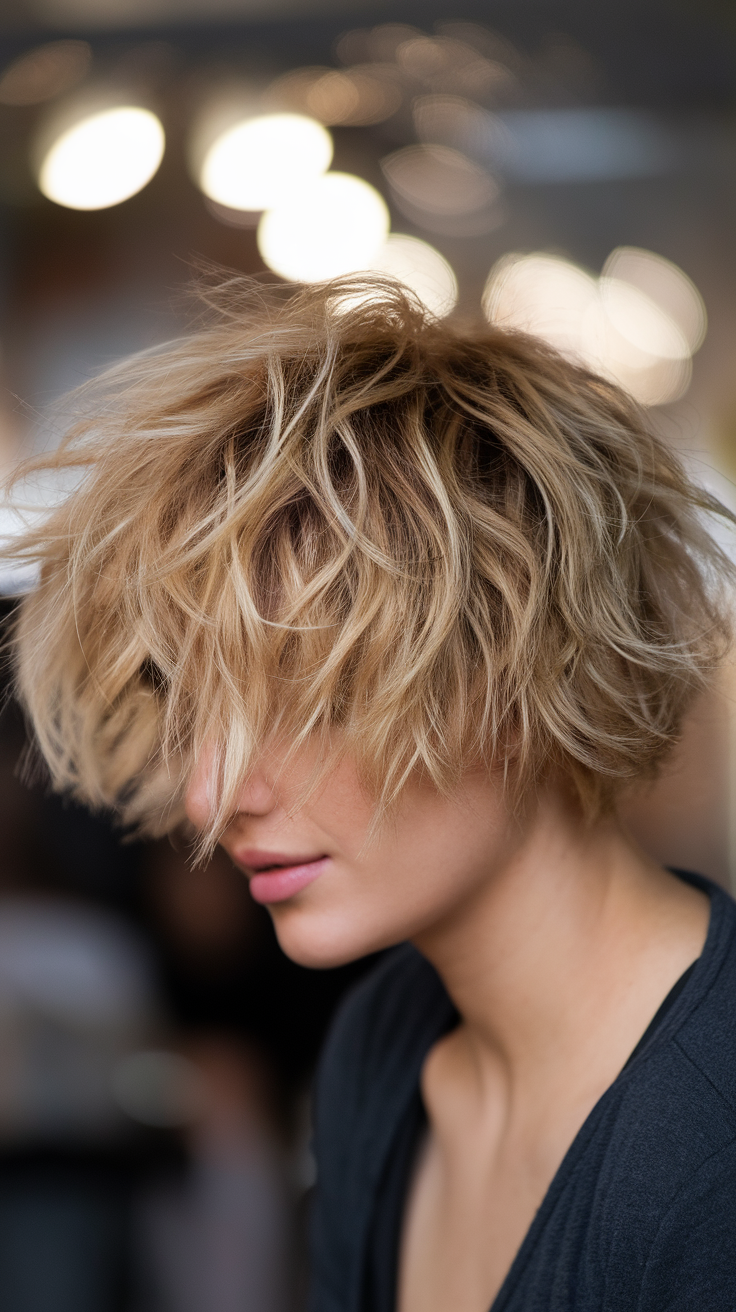 A woman with shaggy short curly hair, showcasing a stylish and textured look