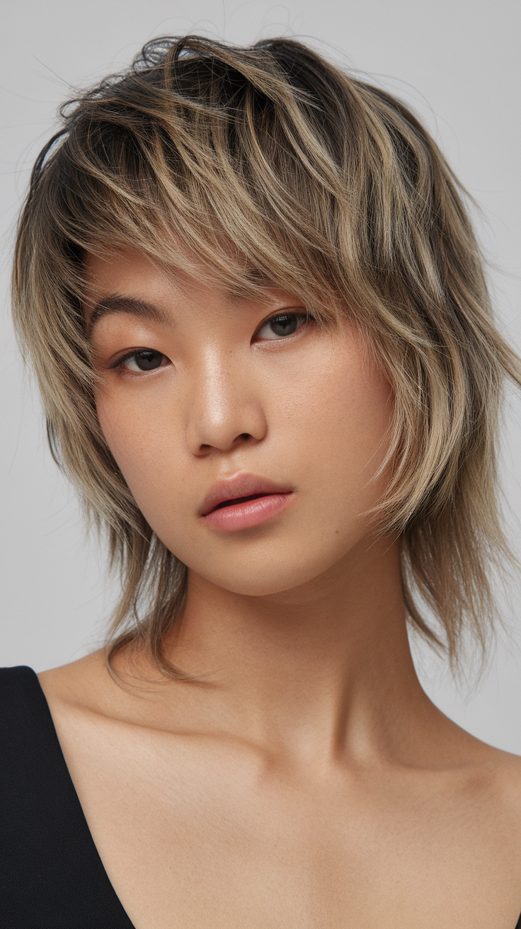 A woman with shaggy short hair, showcasing a stylish look.