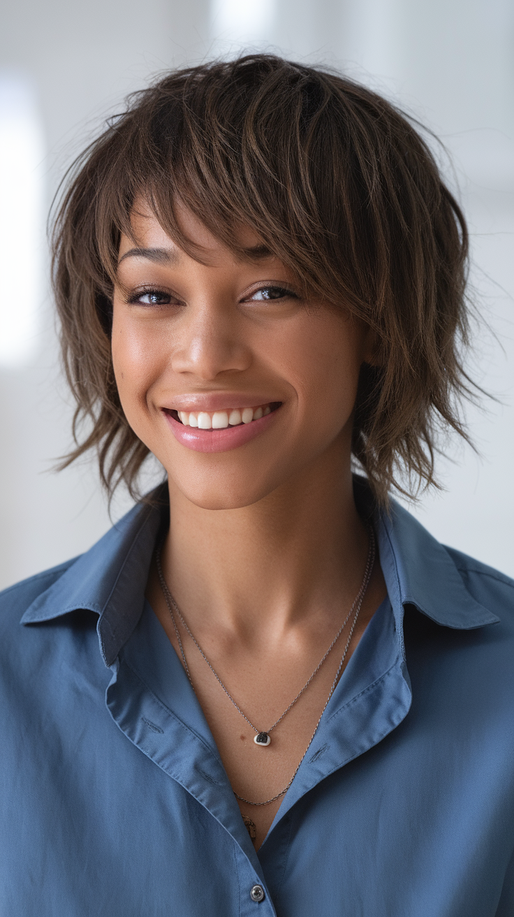 A woman with shaggy short hair, showcasing texture and volume.