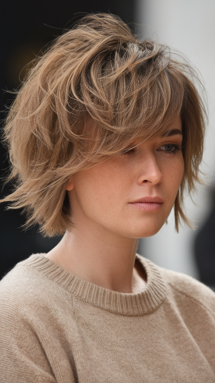 A woman with shaggy short hair, showcasing the hairstyle's volume and layers.