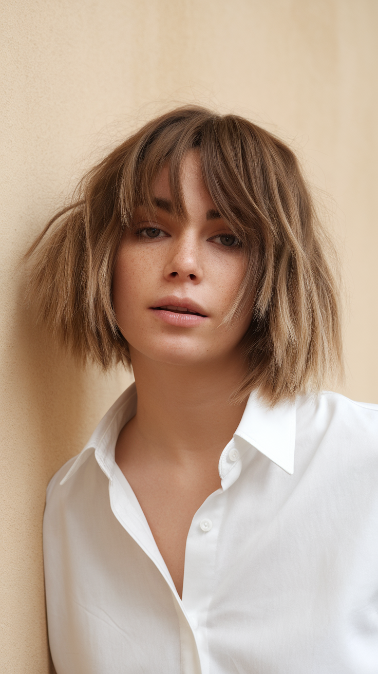 A woman with shaggy short hair and bangs, showcasing a trendy hairstyle.