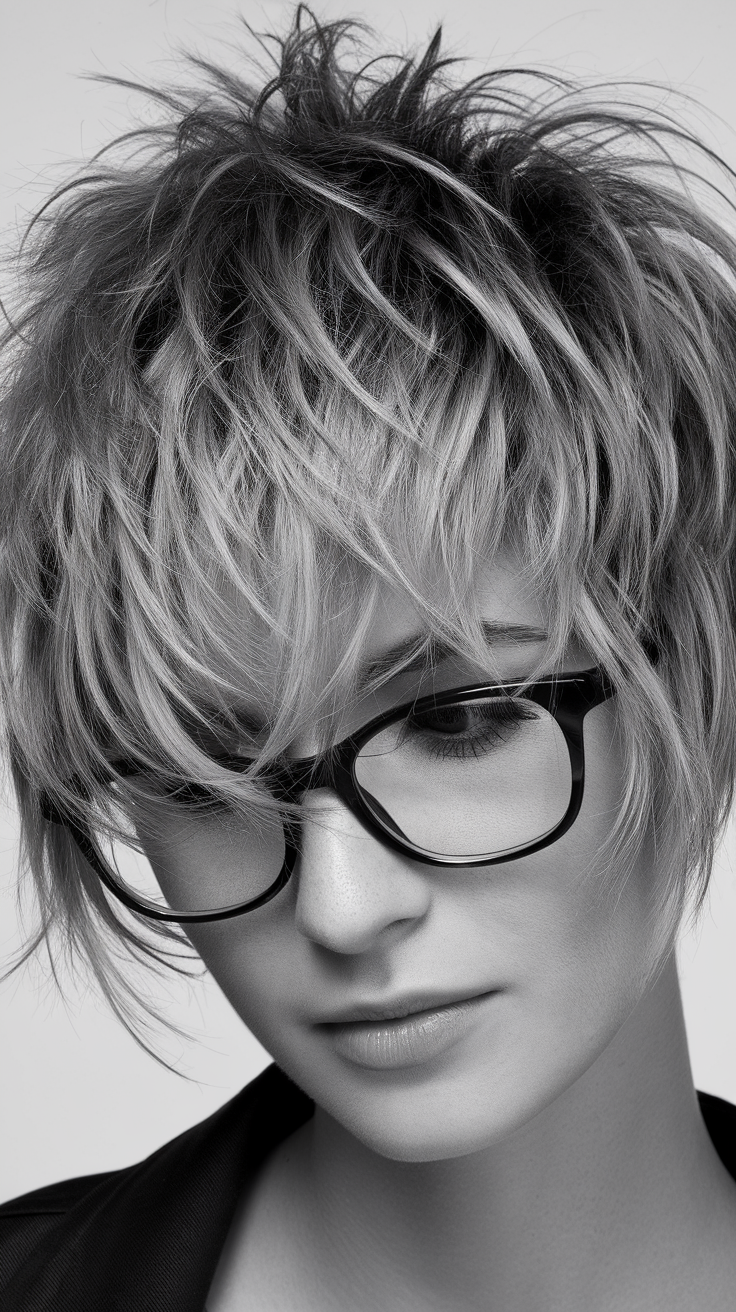 A woman with shaggy short hair and glasses, showcasing a modern hairstyle.