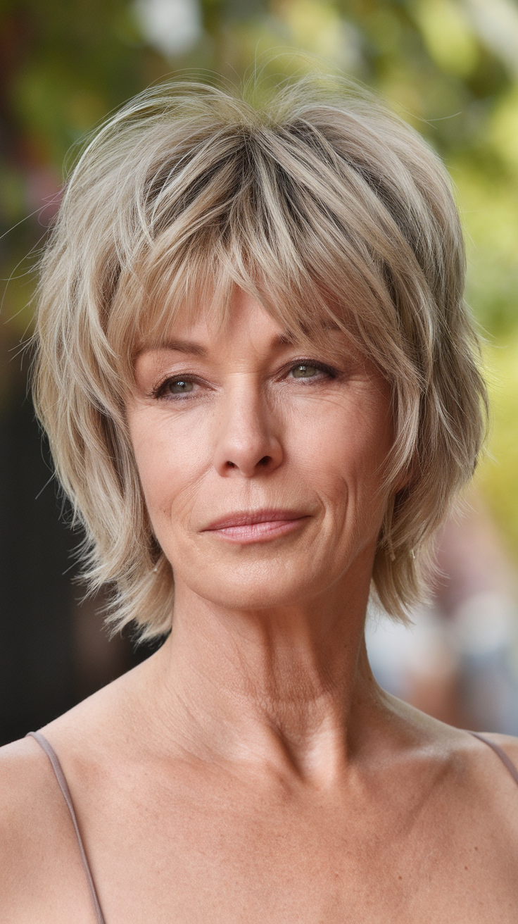 A woman with a stylish shaggy short haircut, showcasing volume and texture.