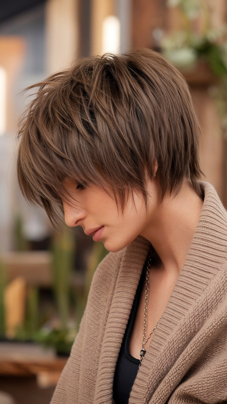 Shaggy short pixie haircut on a woman