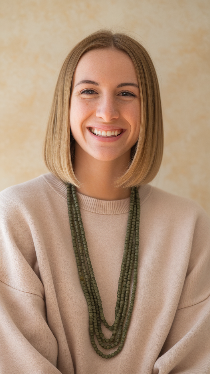 A woman with shaggy short straight hair, looking stylish and confident.