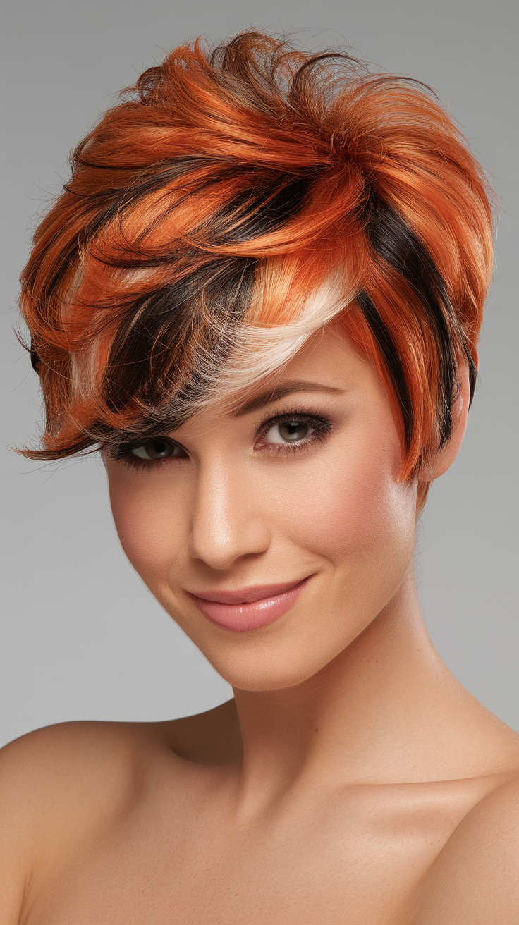 A woman with short calico hair featuring orange, black, and white colors.