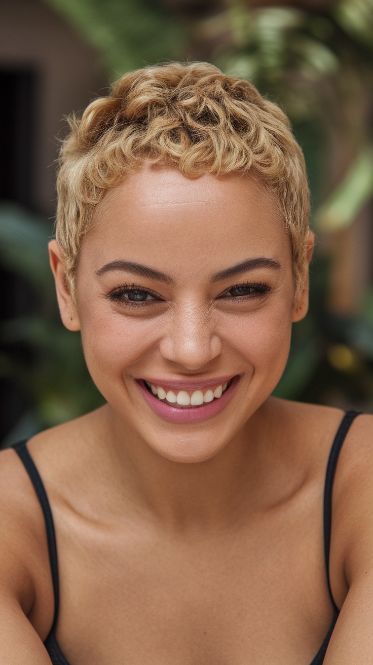 A smiling woman with a short curly wolf cut, showcasing her vibrant personality.