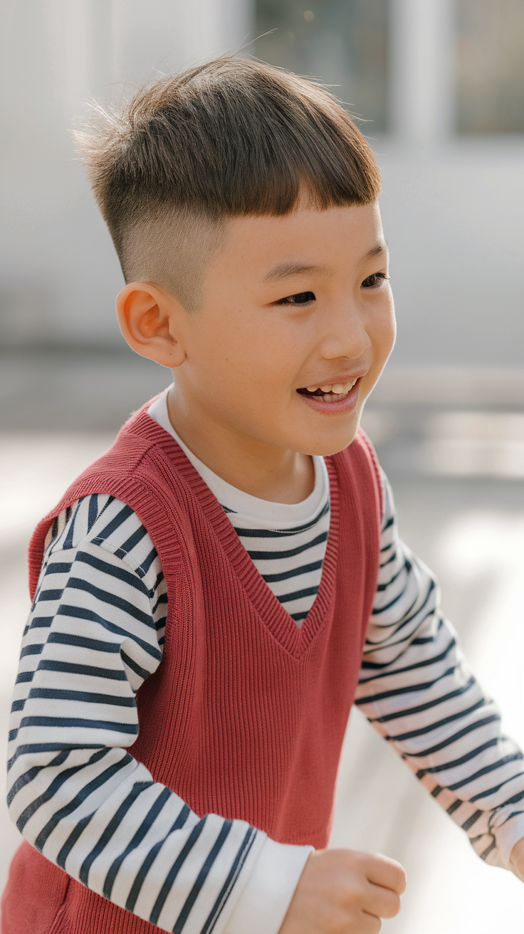 A young boy with a stylish short haircut, wearing a striped shirt, smiling while playing outdoors.