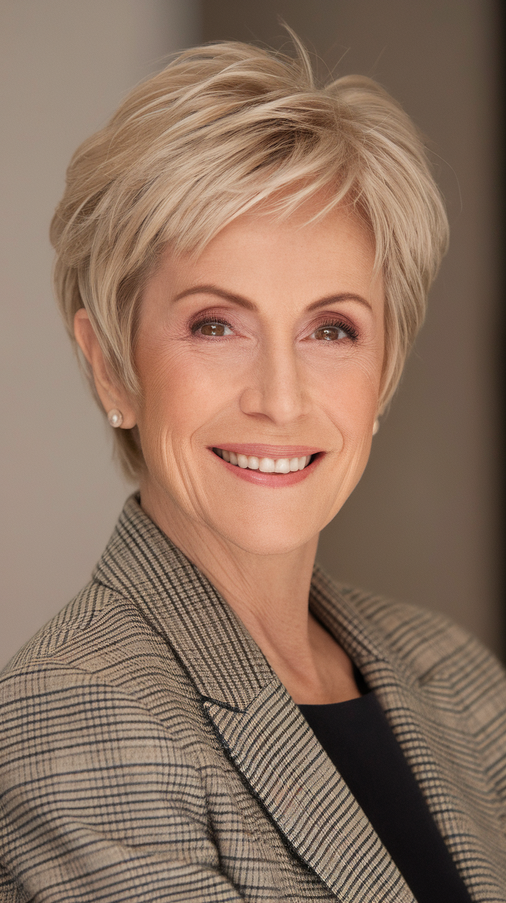 A woman with a stylish short haircut, smiling and looking confident.