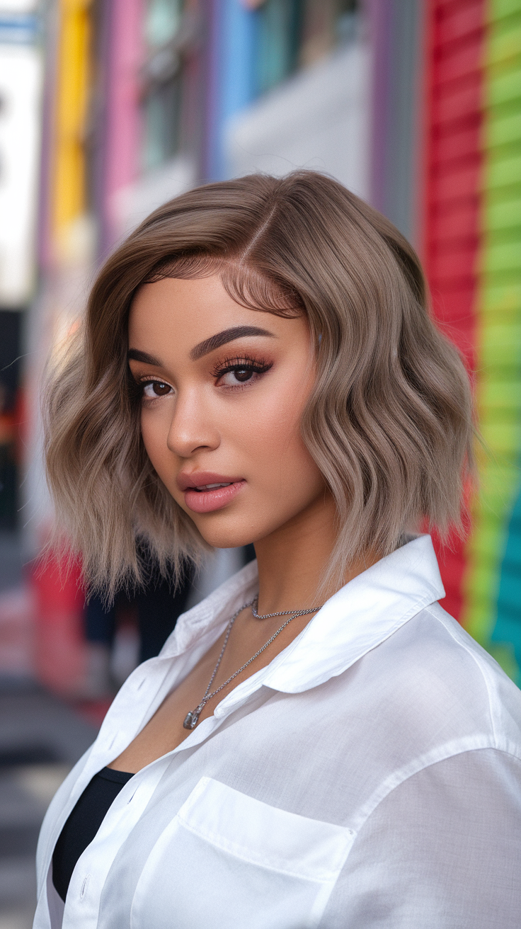 A young woman with a short lace frontal hairstyle, featuring waves and a chic look.