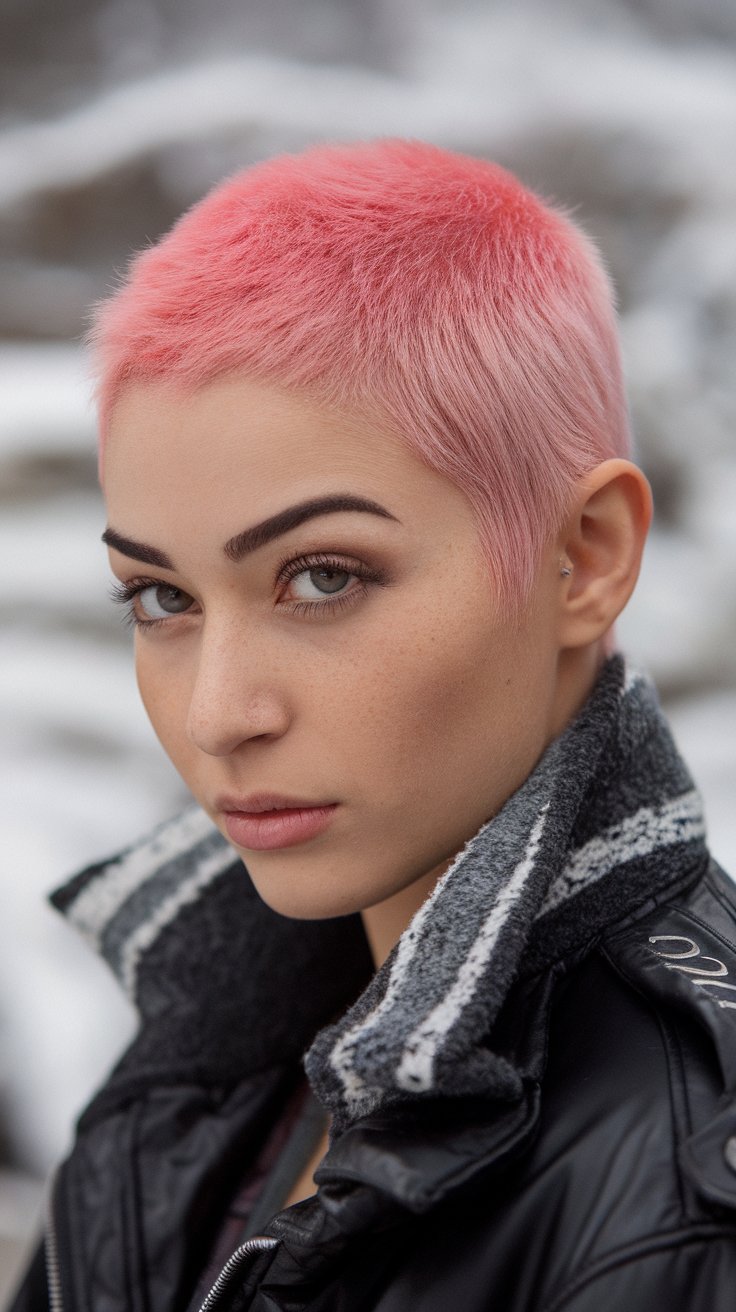 A person with a short pink wolf cut hairstyle, wearing a black jacket with a grey collar.