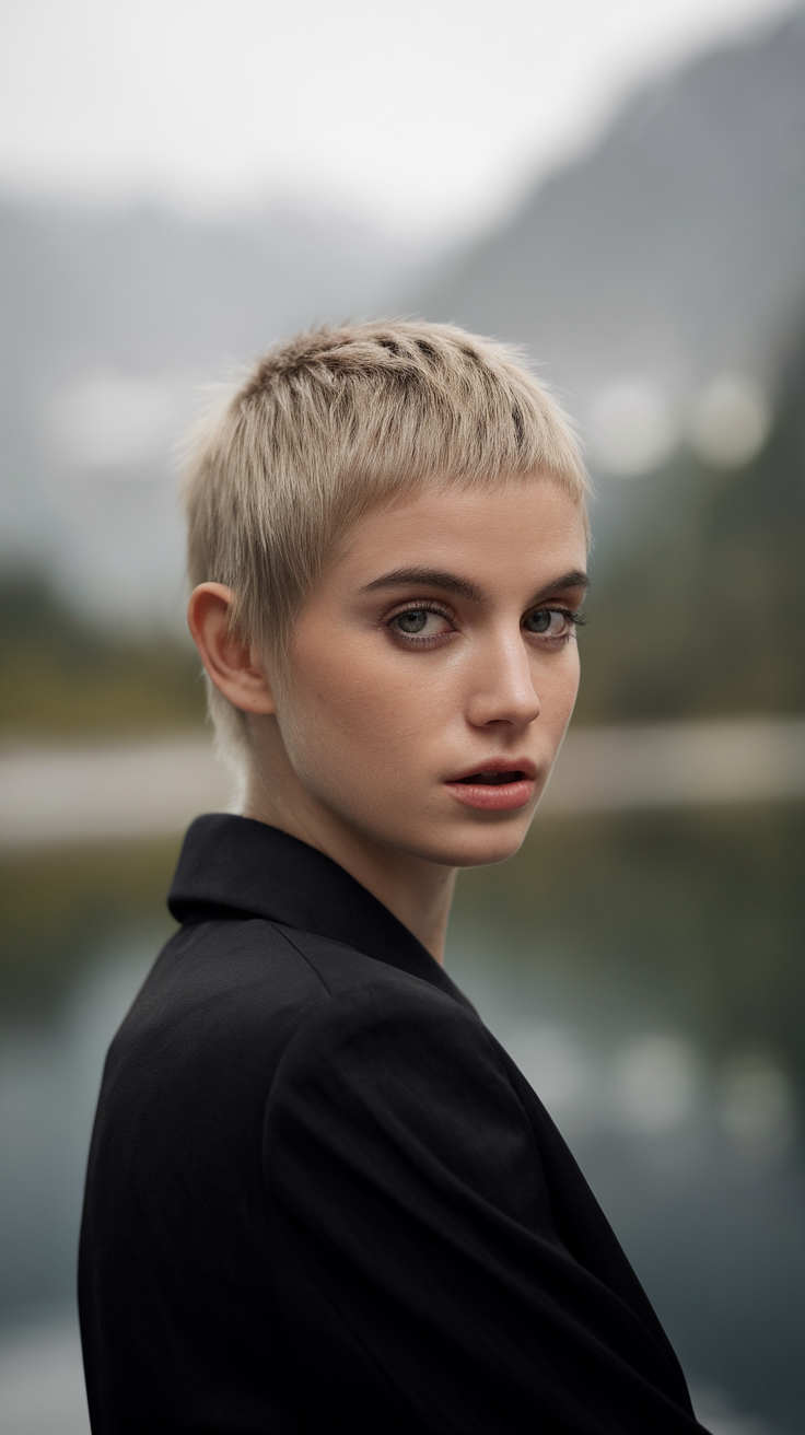 A person showcasing a short wolf cut with asymmetrical layers, looking stylish against a natural backdrop.