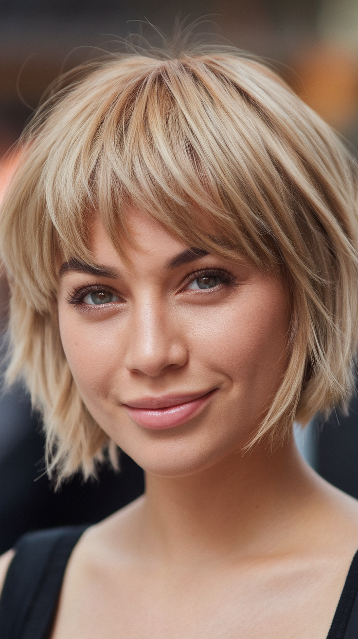 A woman with a short wolf cut featuring bangs, showcasing a stylish and modern hairstyle.