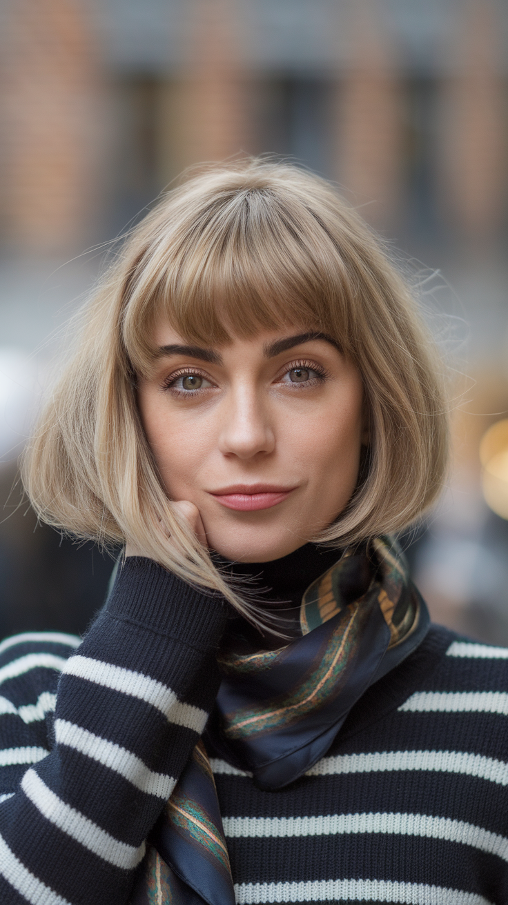 A woman with a short wolf cut and curtain bangs, wearing a striped sweater and scarf, with a soft expression.