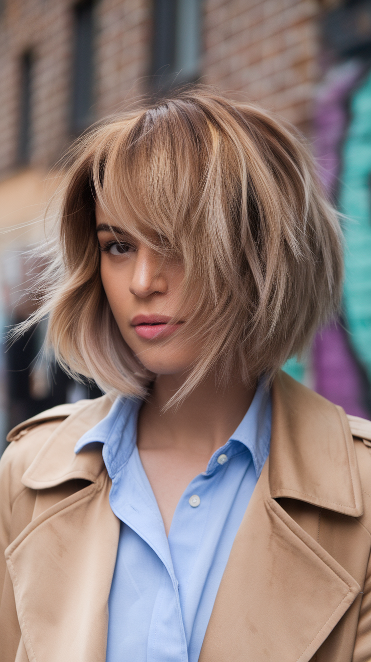 Shoulder length choppy bob hairstyle with wavy blonde hair.