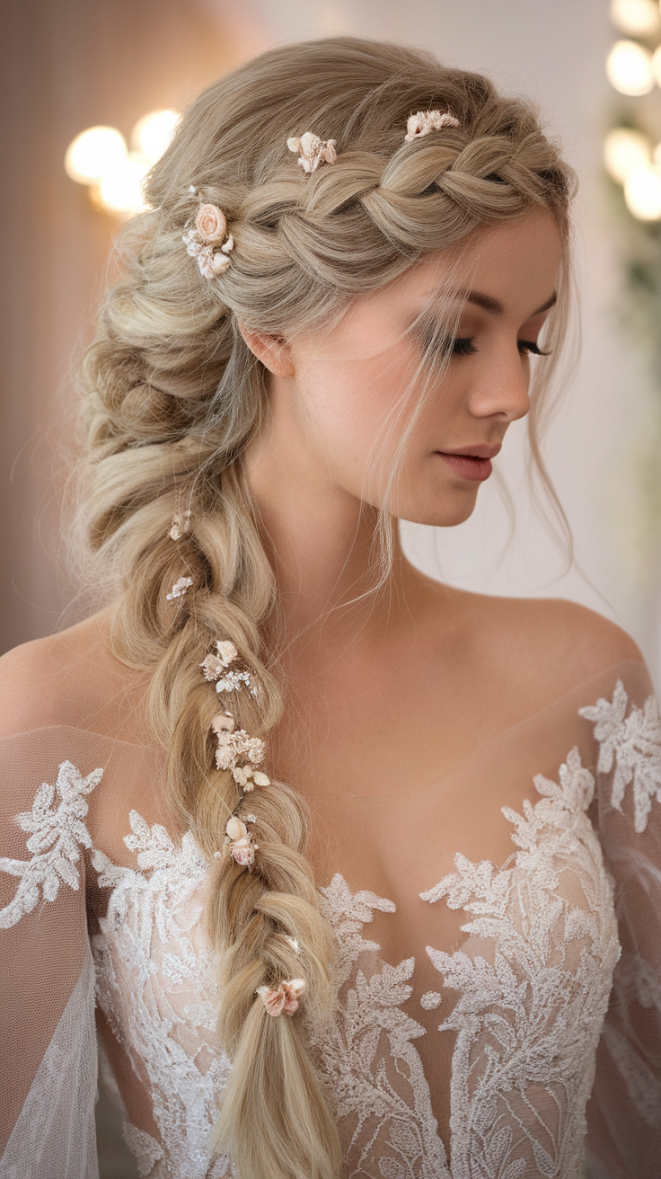 A bride with a beautiful lace frontal hairstyle featuring braids and floral decorations.