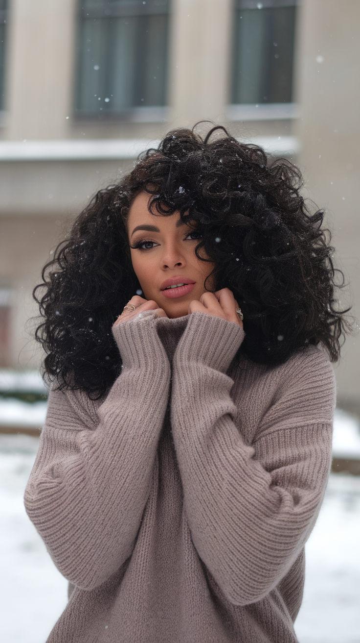 A woman with curly hair wearing a cozy sweater in a snowy setting.