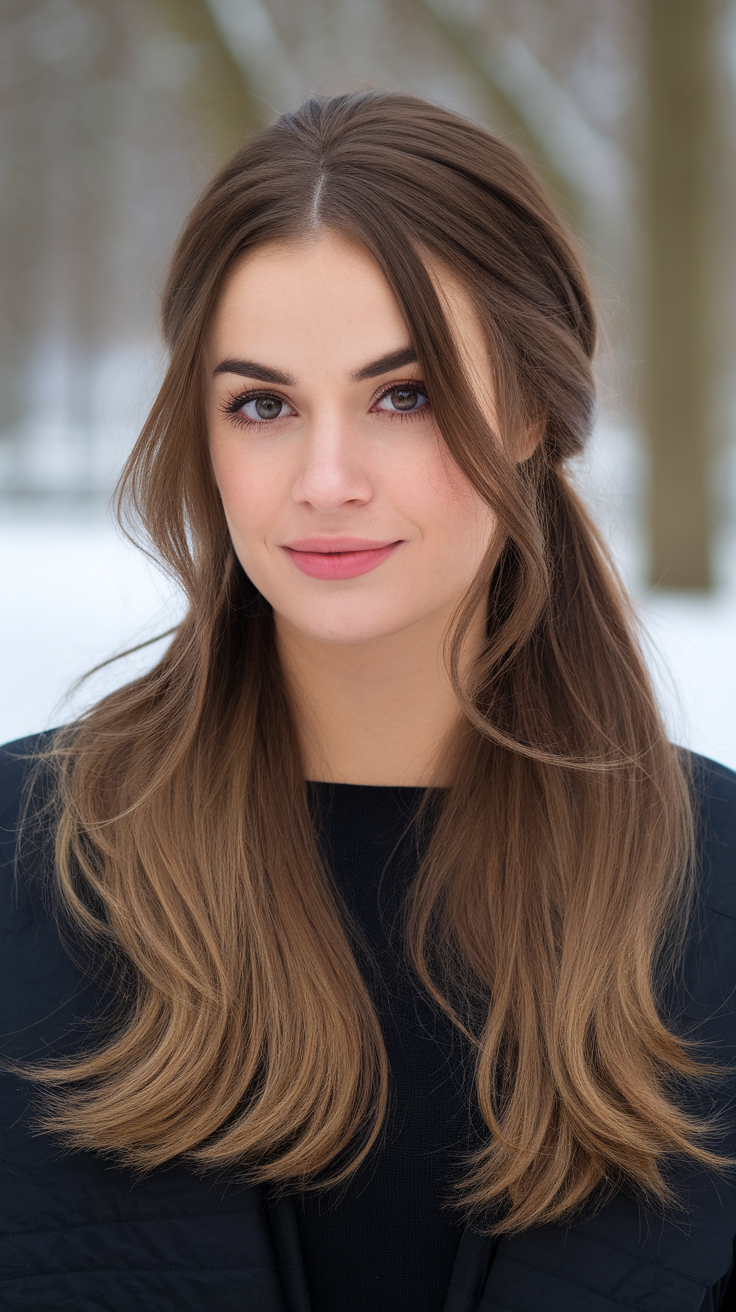 A woman with brown wavy hair wearing a grey knit beanie against a snowy backdrop.