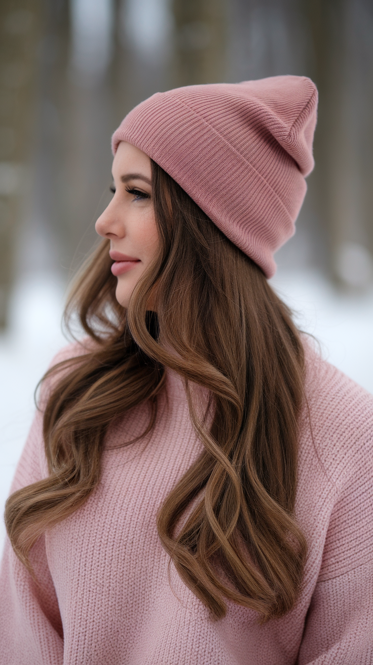 Woman with long wavy hair wearing a knitted headband in a snowy setting