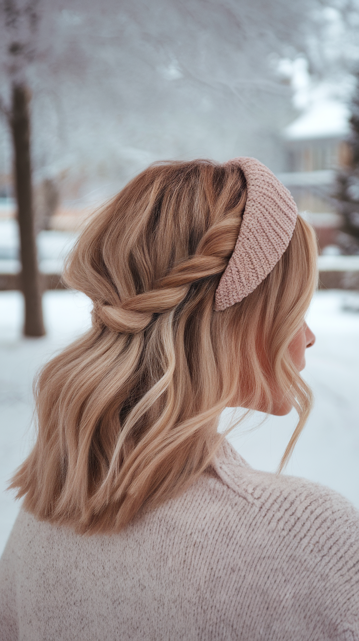 Woman with medium hair styled in a twisted look and wearing a pink headband in a snowy background.