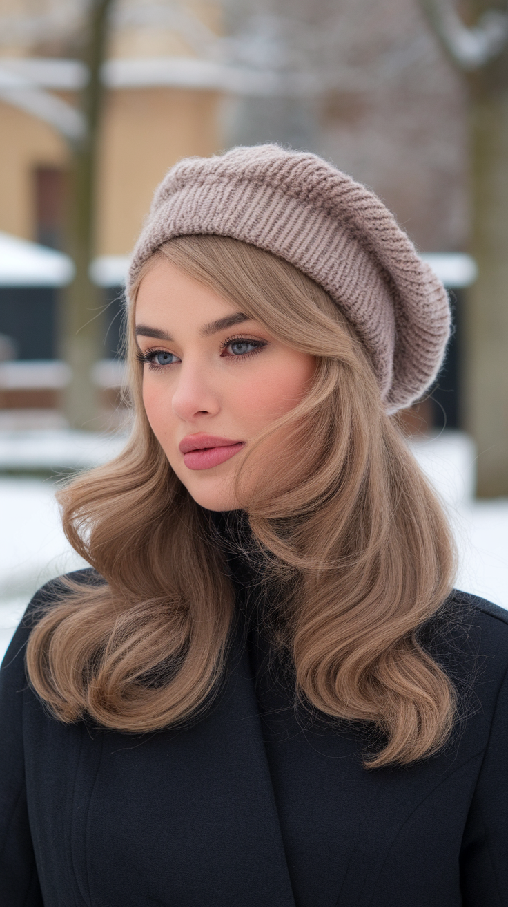 Woman with soft waves and a cozy hat, showcasing a winter hairstyle perfect for round faces.