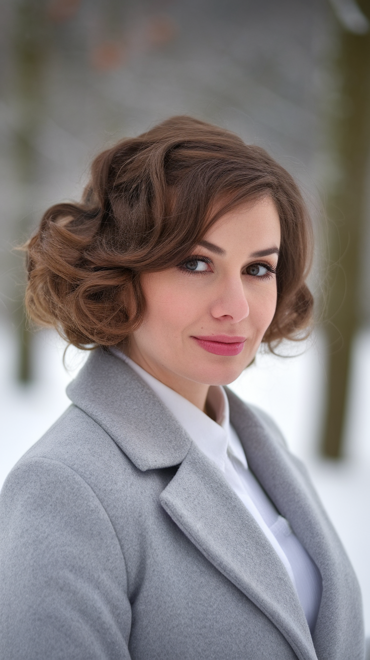 A woman with short, wavy hair wearing a beige beanie in a winter setting.