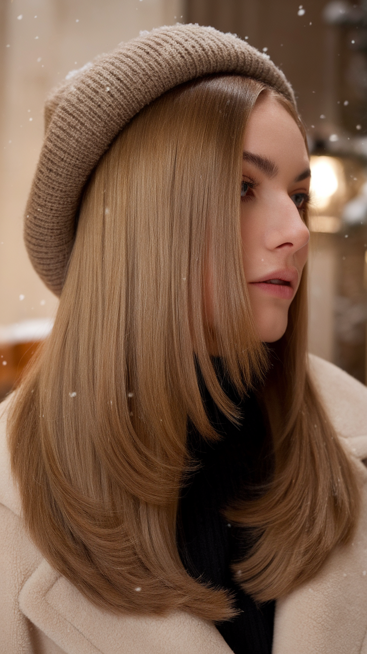 A woman with straight hair wearing a beige beanie, showcasing a sleek winter hairstyle.