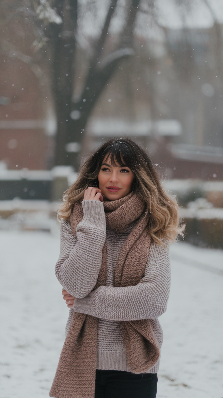 A woman in a winter sweater and scarf, with bangs, standing in the snow.