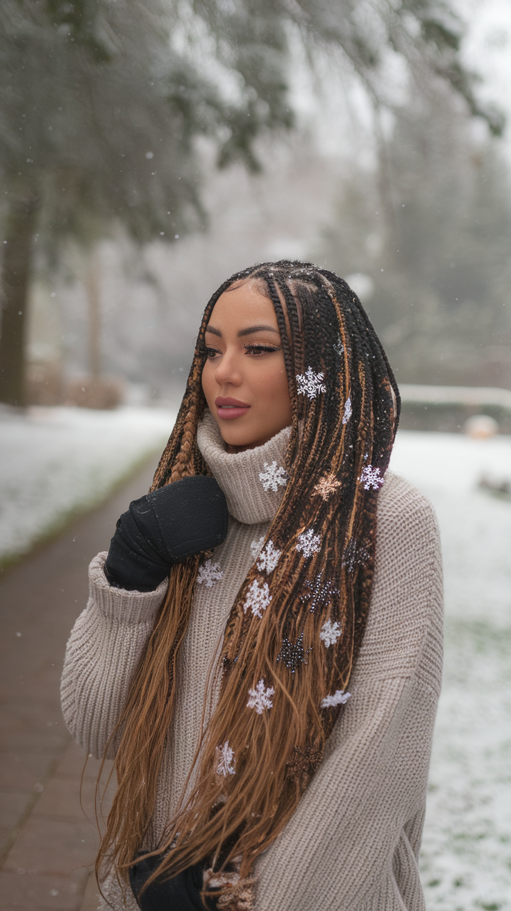 A woman wearing braids decorated with snowflakes in a winter setting.