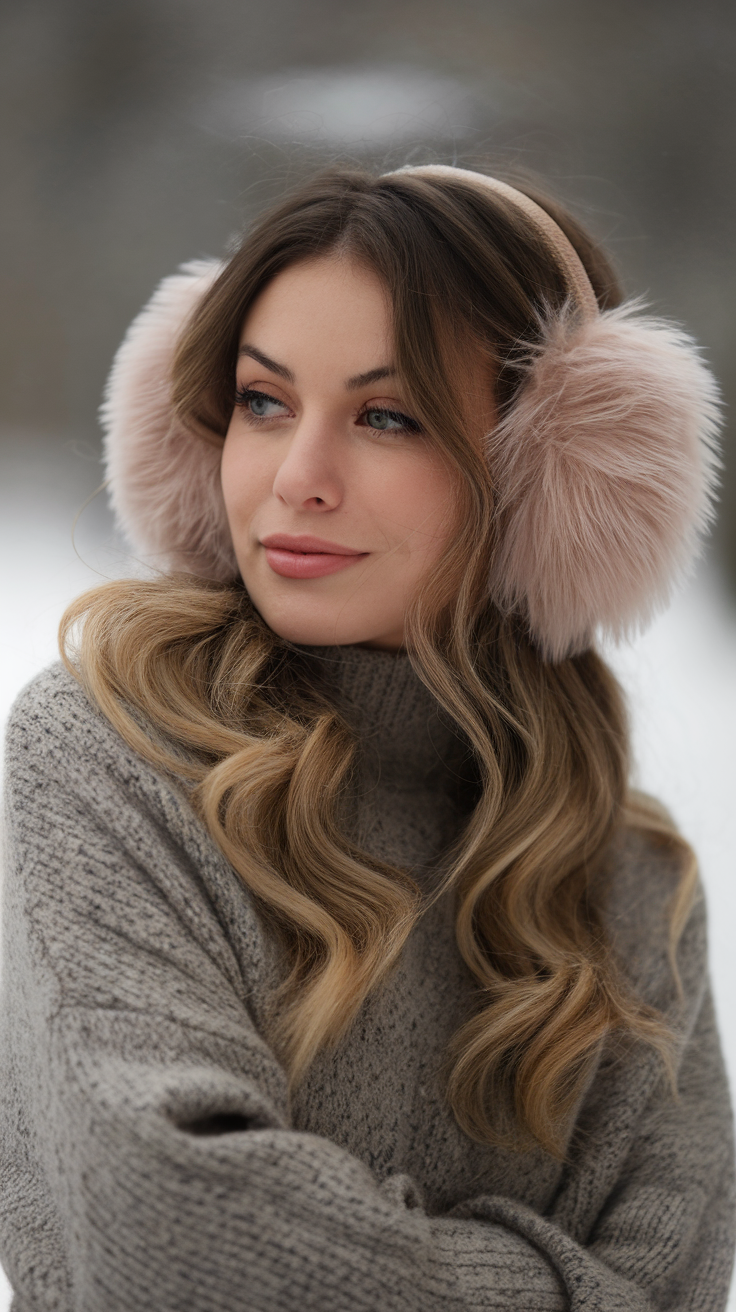 A woman with loose waves wearing fluffy pink ear muffs and a cozy sweater outdoors in winter.