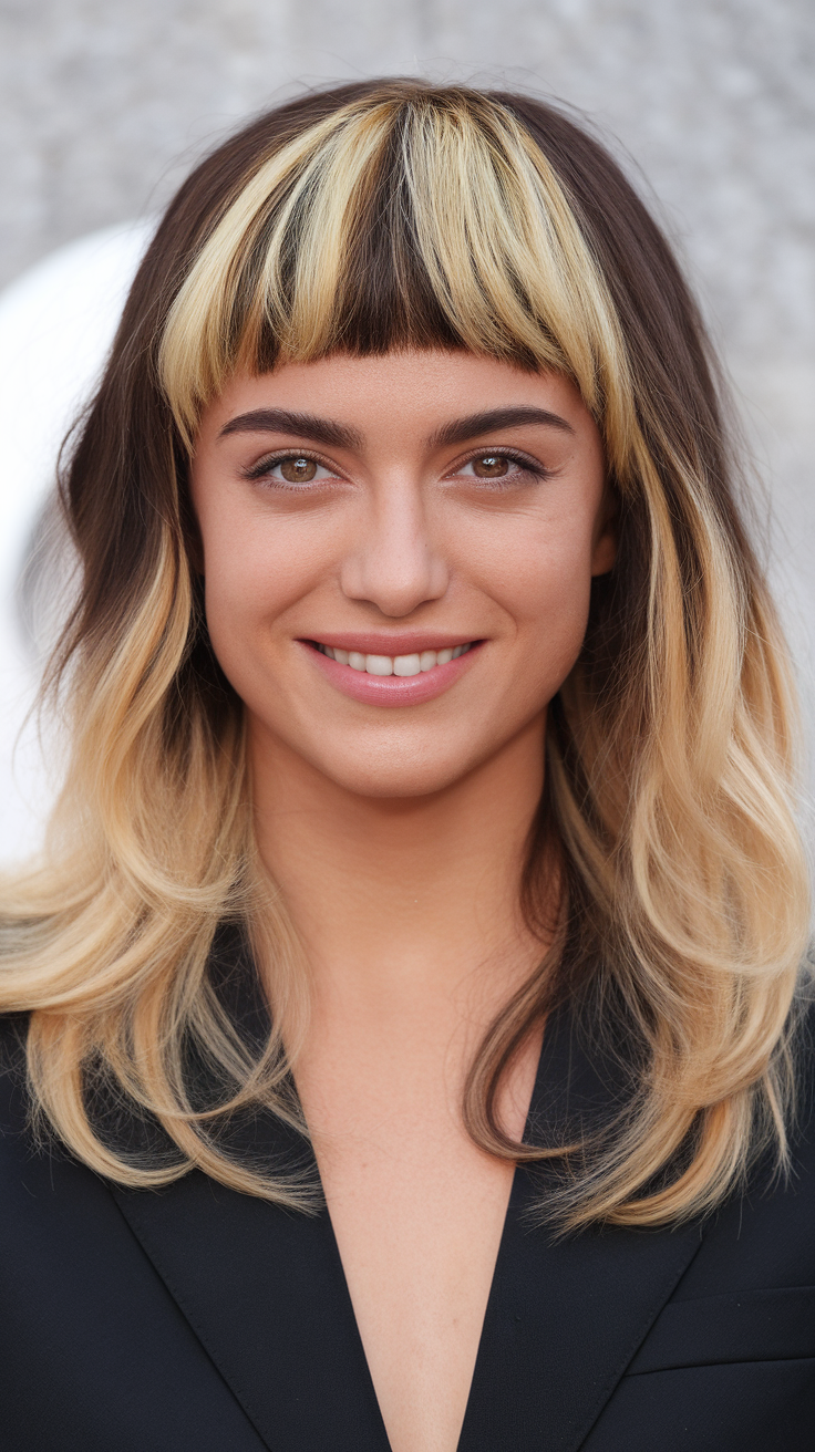 A woman with a wolf cut hairstyle featuring blonde highlights.