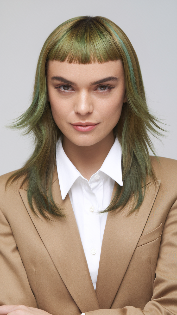 A woman with a wolf cut hairstyle featuring green highlights, wearing a beige blazer and white shirt.