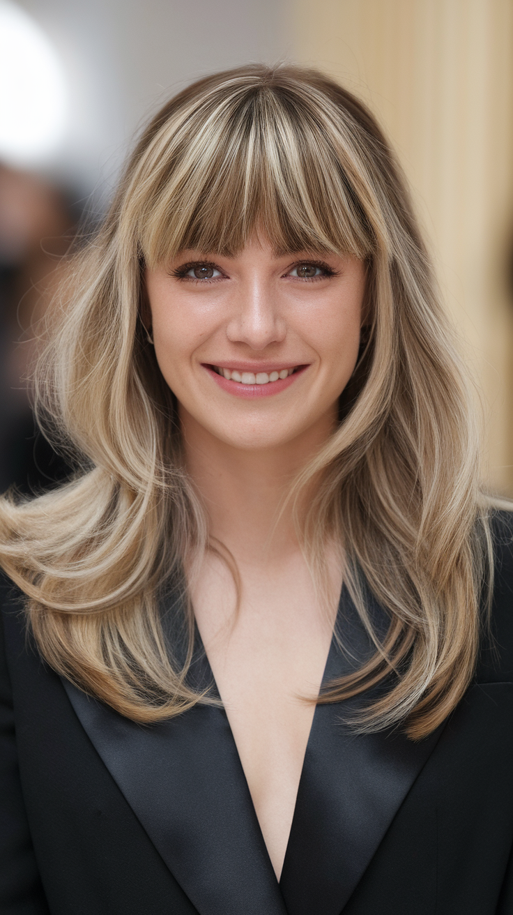 A woman with a stylish wolf cut featuring highlights and bangs, smiling confidently.