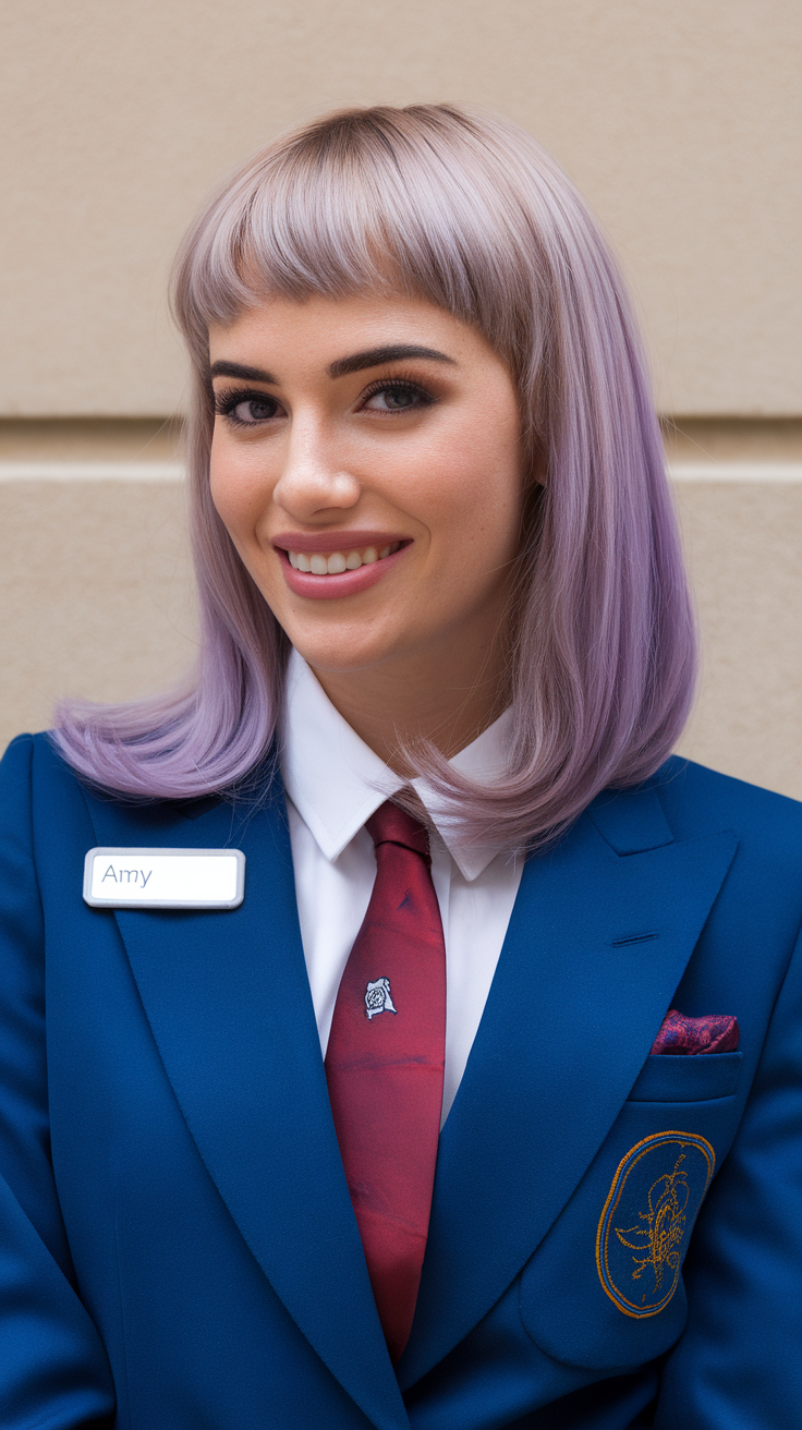 A woman with a wolf cut hairstyle and purple highlights, smiling while wearing a blue suit.