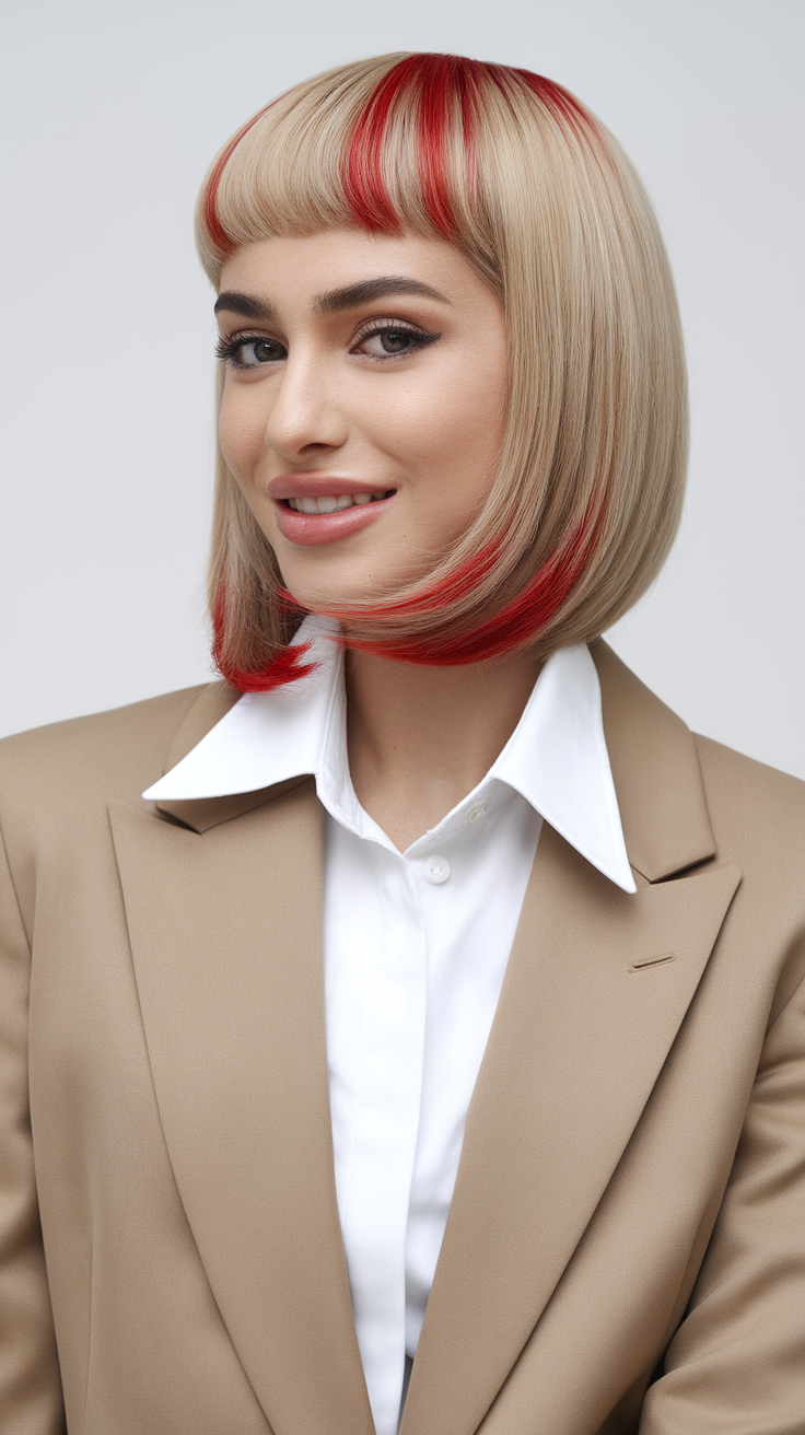 A woman with a stylish wolf cut hairstyle featuring red highlights, wearing a beige blazer and white shirt, smiling at the camera.